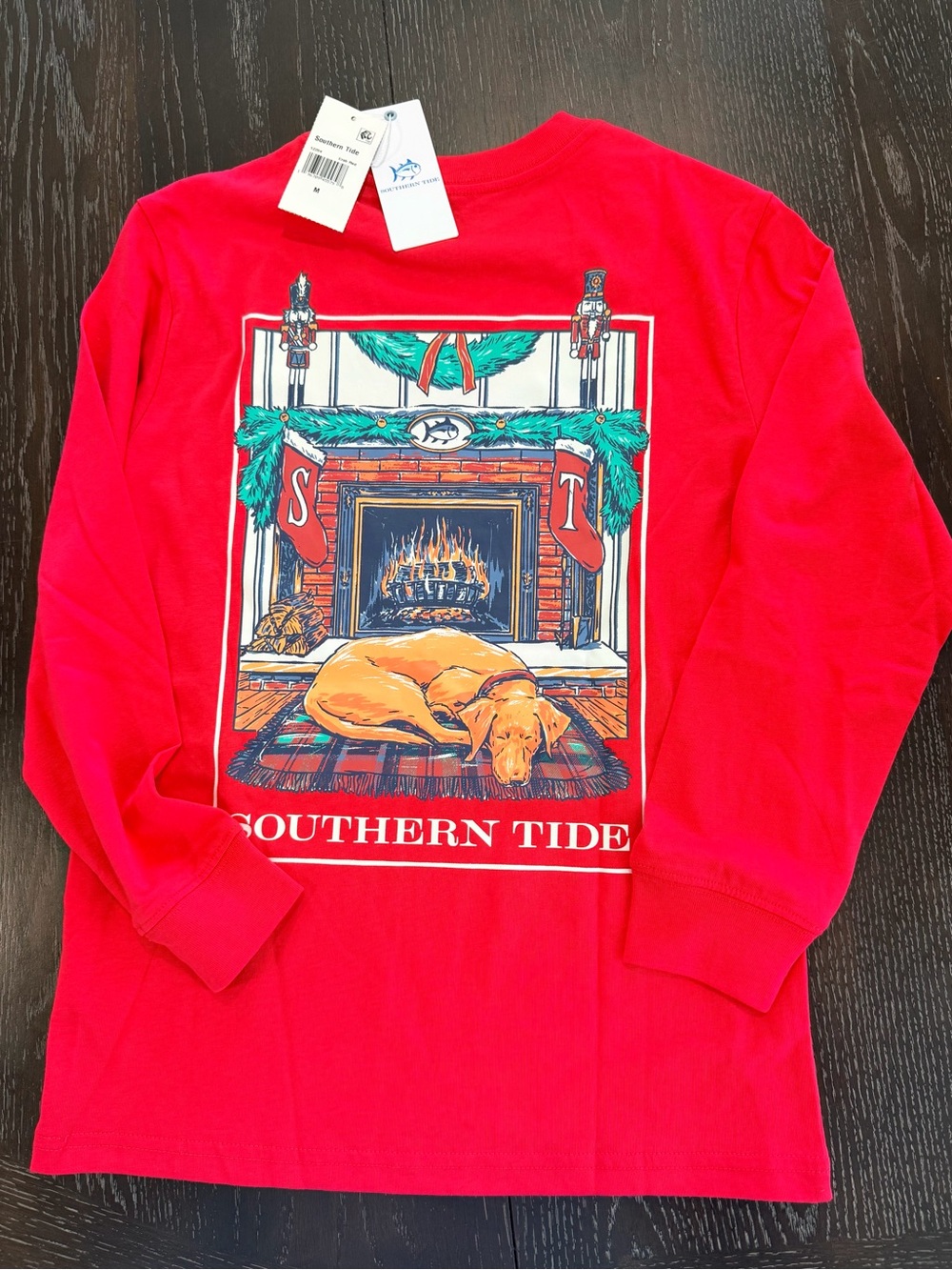 Southern Tide Kids Red Long-Sleeve Tee with Fireplace Dog Graphic